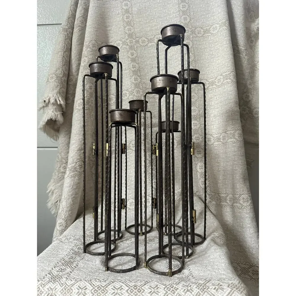Vintage Brutalist Folding Wrought Iron Candelabra 8 Arm Tea Light Candle Holder